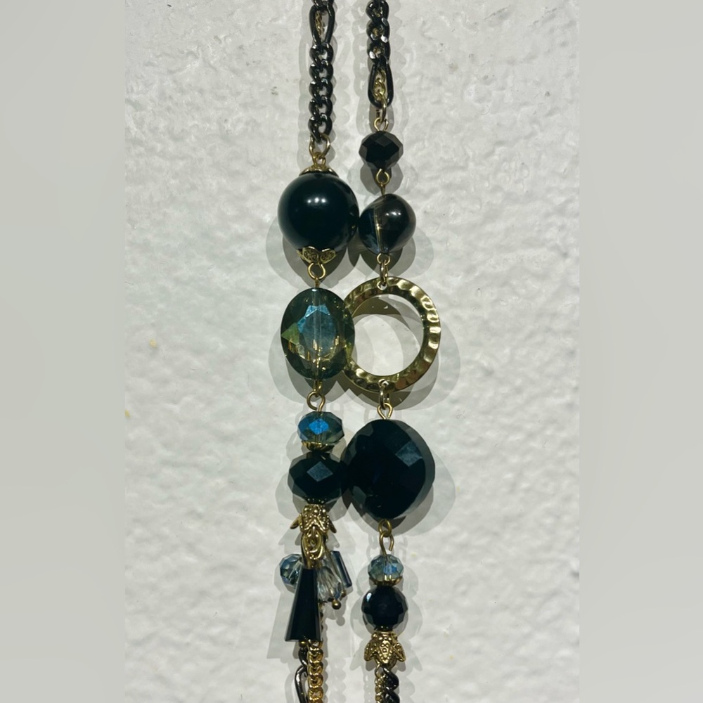 Vintage Black, Blue & Gold-tone Multi-strand Beaded Necklace